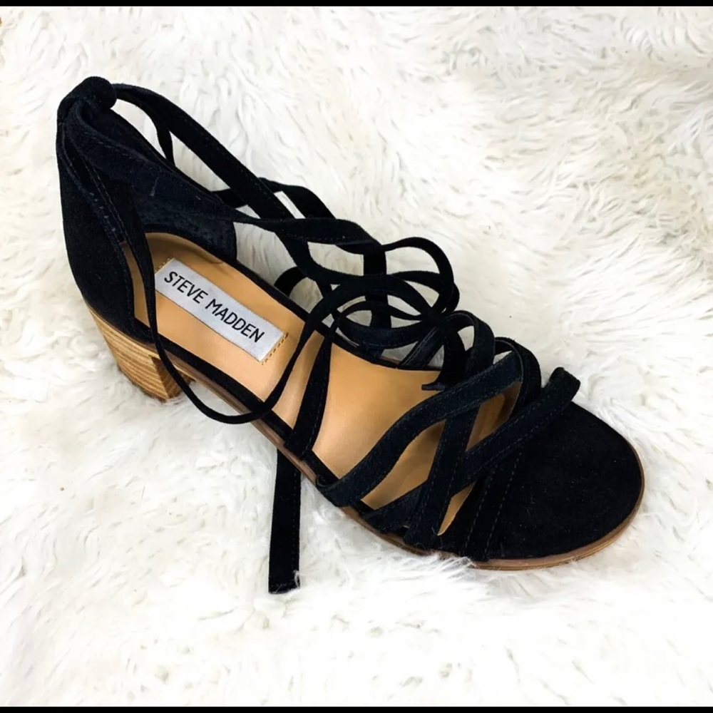 Steve Madden Heels Stacked Block Heel Black Strappy Tie Ankle Women’s 6